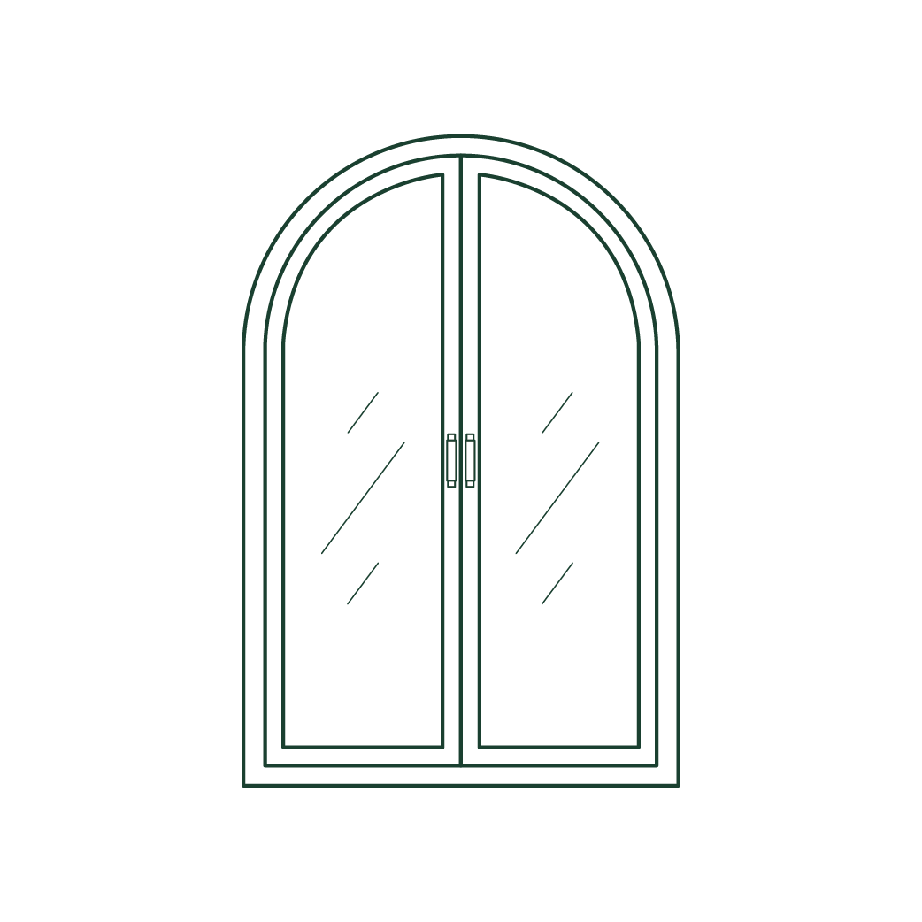 A black and white drawing of a double arched glass door.
