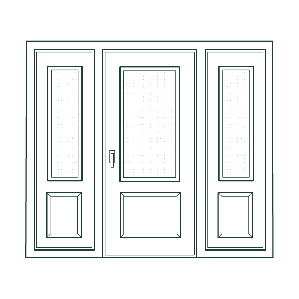 A black and white drawing of a double door with a sliding glass door.