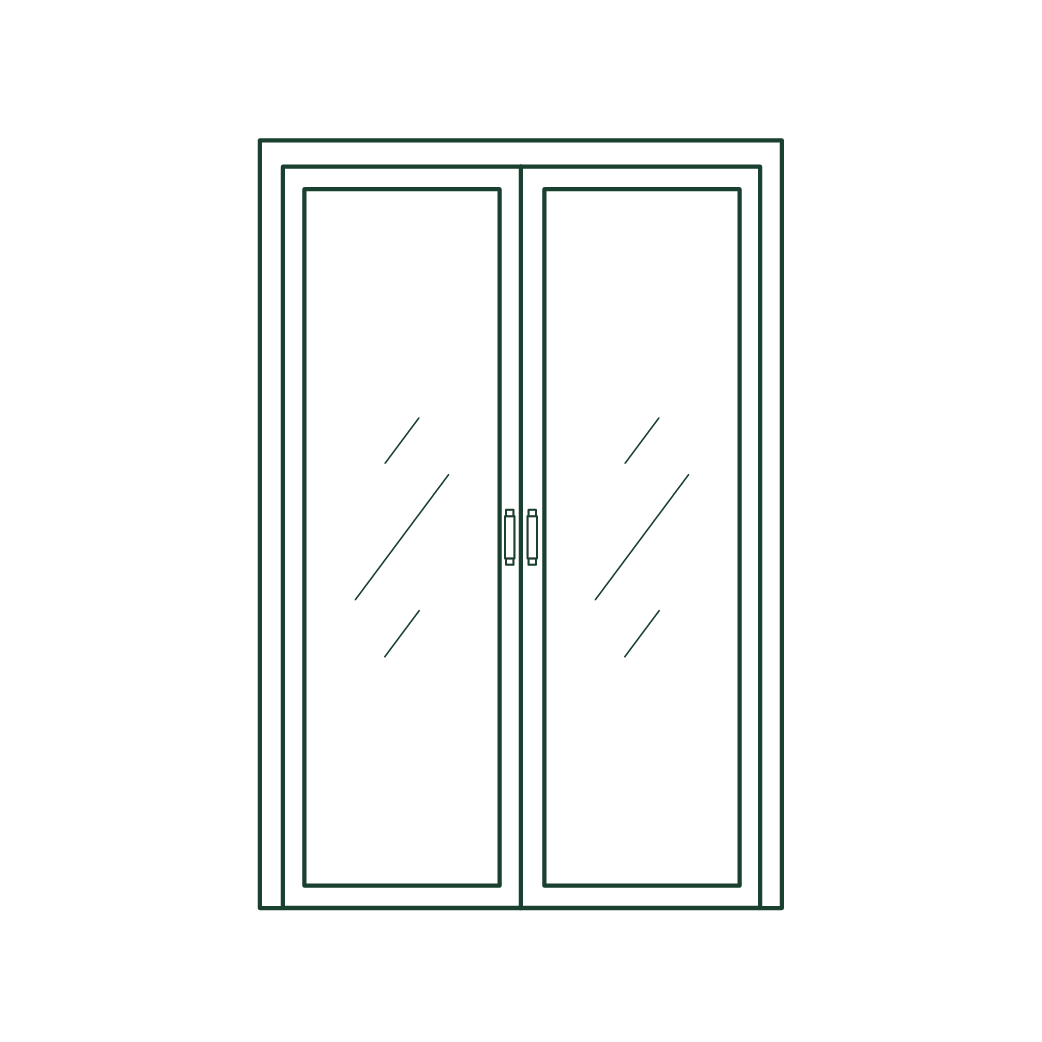 A drawing of a double glass door on a white background.