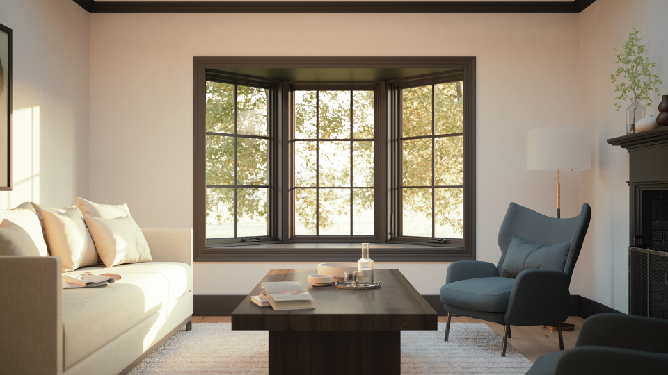 A living room with a fireplace , chairs , ottoman and television.