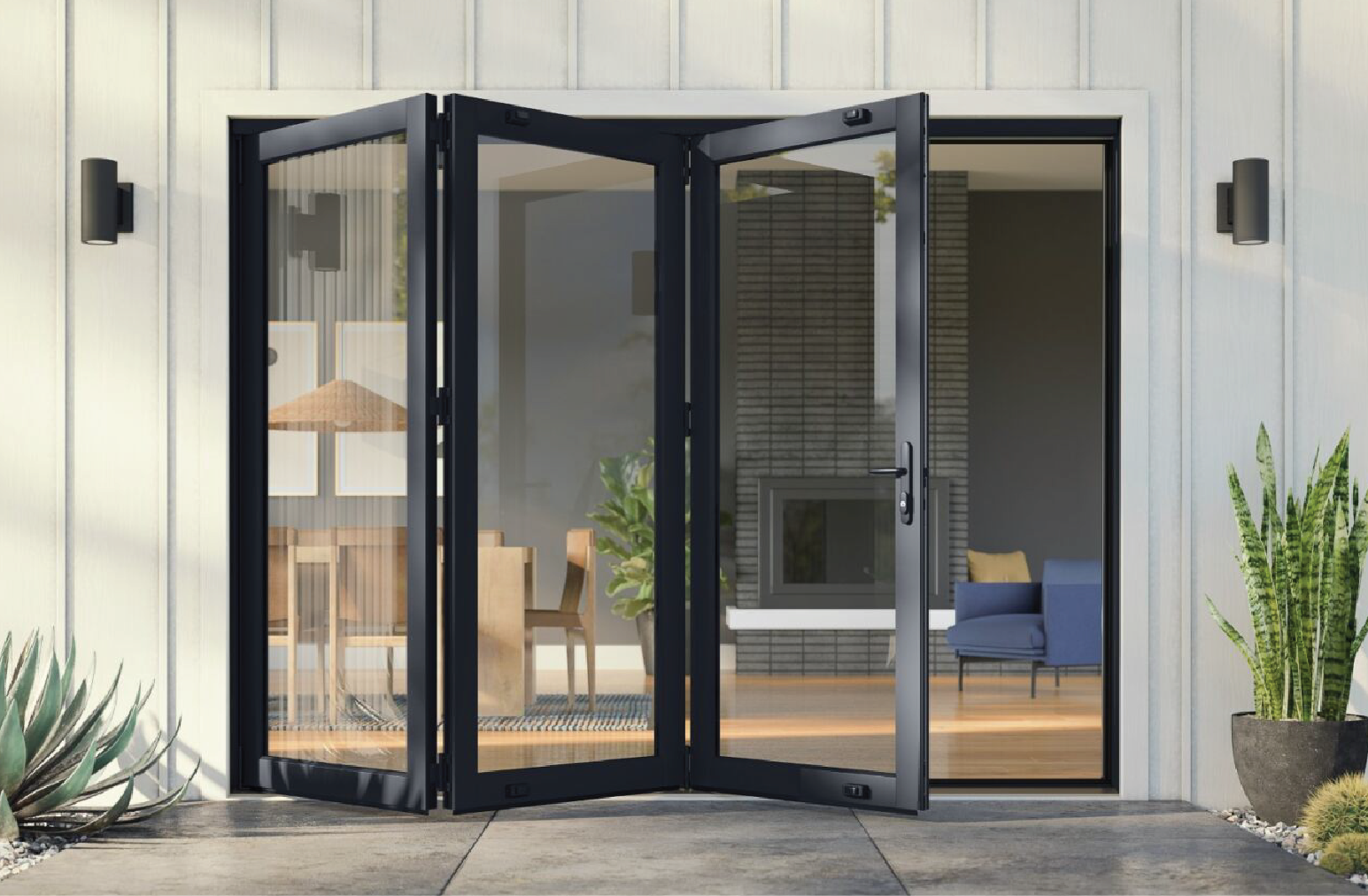 A black folding glass door is open to a living room.