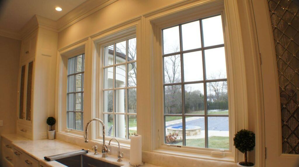 A kitchen with a sink and a lot of windows