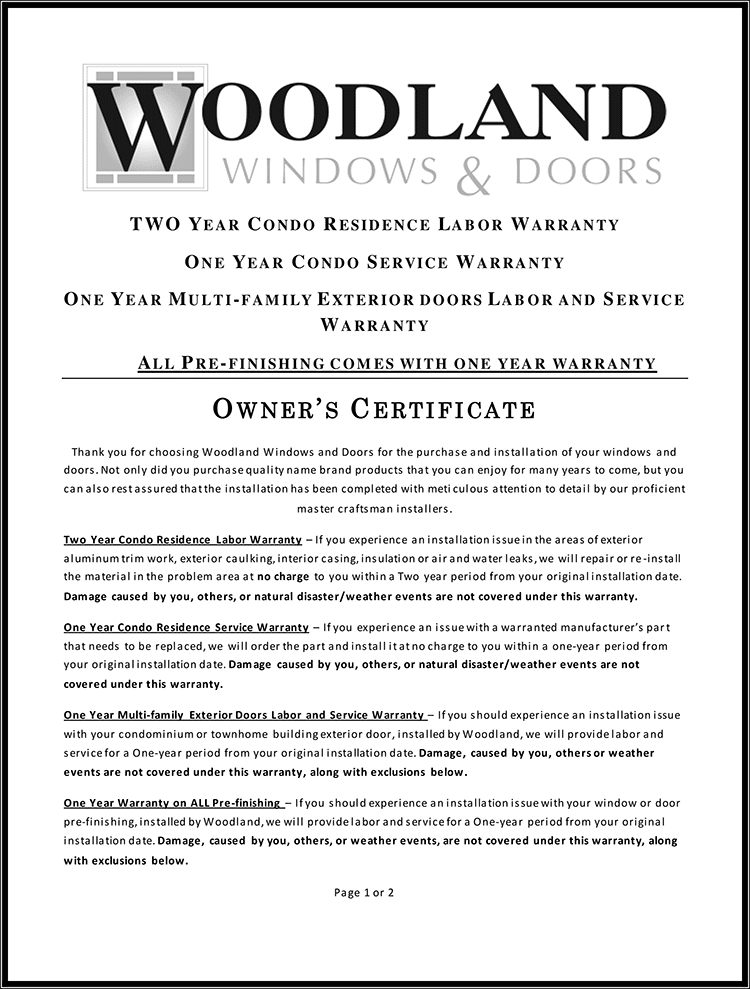 A woodland windows and doors owner 's certificate is shown.