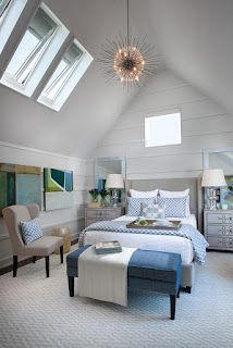 A bedroom with a bed , ottoman , chairs , and skylights.