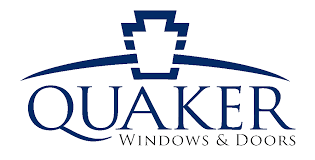 The quaker windows and doors logo is blue and white.