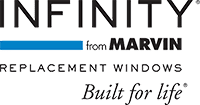 The logo for infinity from marvin replacement windows built for life.