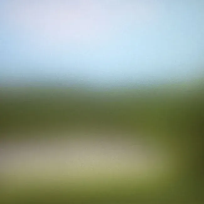 A blurry picture of a field with a blue sky in the background.