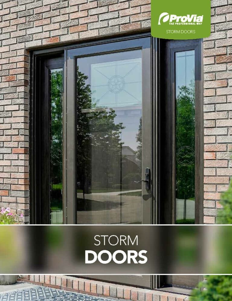 A brochure for storm doors is shown on a brick building.