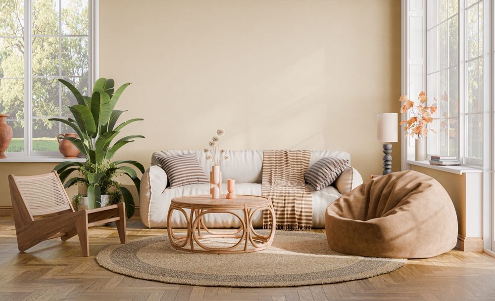 Cozy living room with a beige couch, round rug, wooden chair, and large plant near a window.