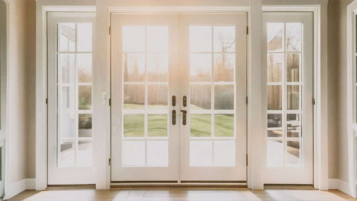 A room with a lot of windows and french doors leading to a patio.