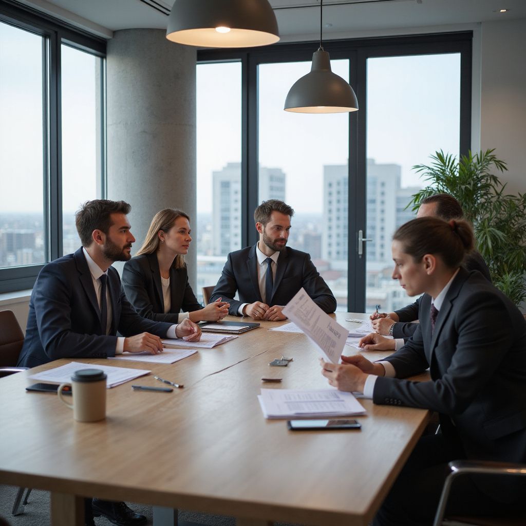 Business meeting: five people in suits around a wooden table in an office. One person holds documents.