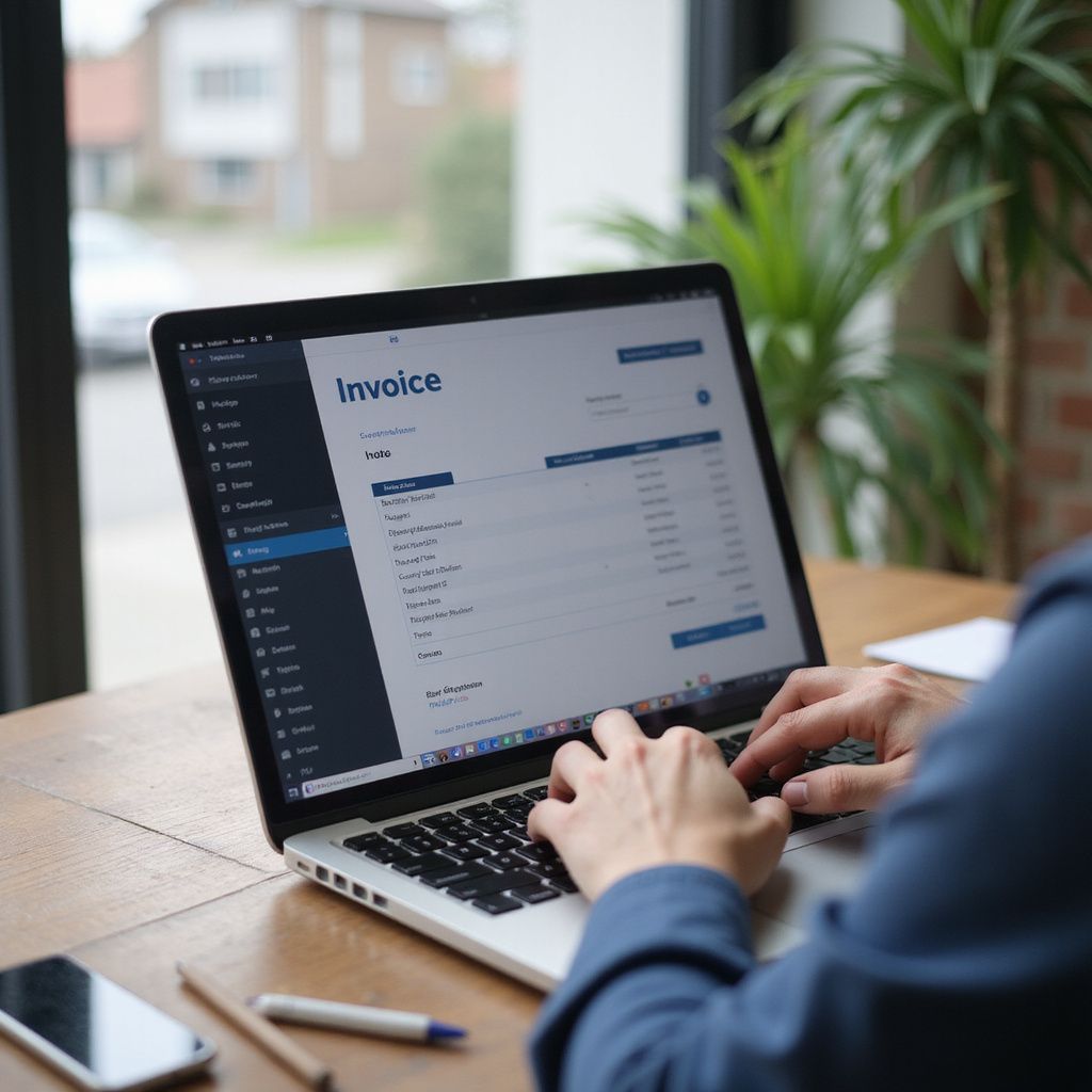 Person typing on a laptop with an invoice displayed on the screen.