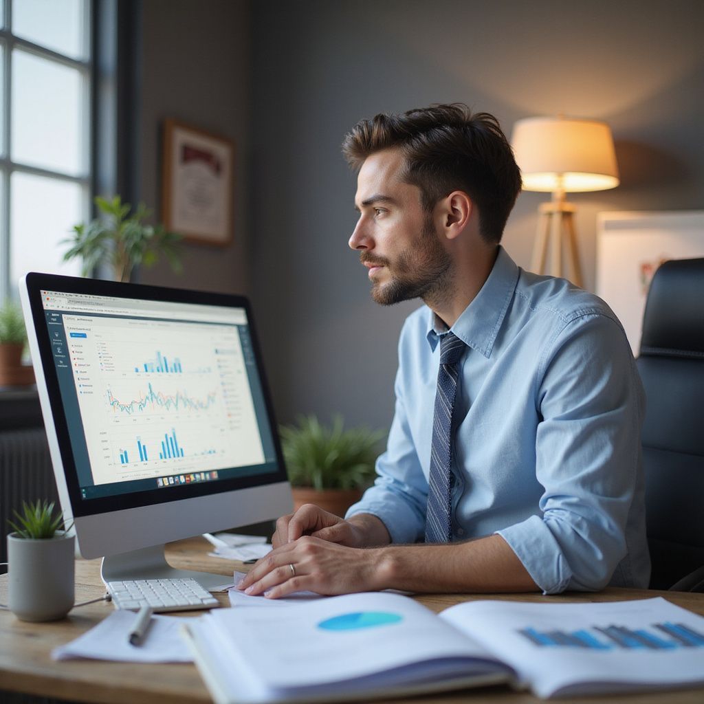 Man in a blue shirt analyzes charts on a computer in a home office setting.