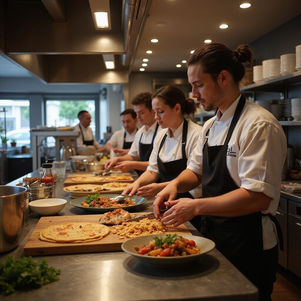 Chefs plating meals in a bright kitchen.
