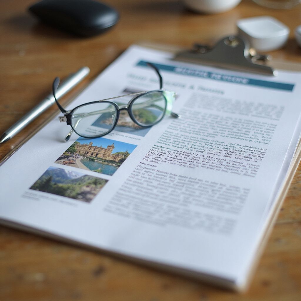 Clipboard with document, glasses, and pen on a wooden surface.
