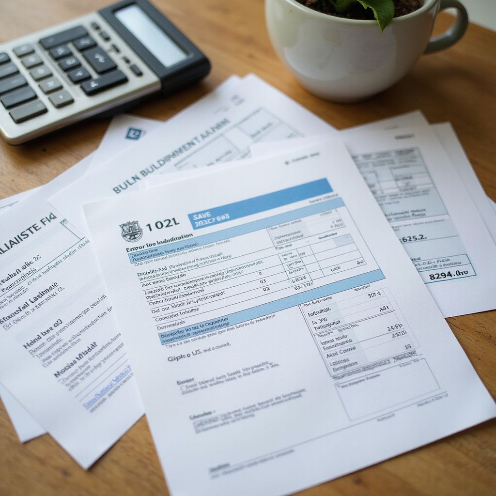 A pile of documents with a calculator, presumably for tax preparation.