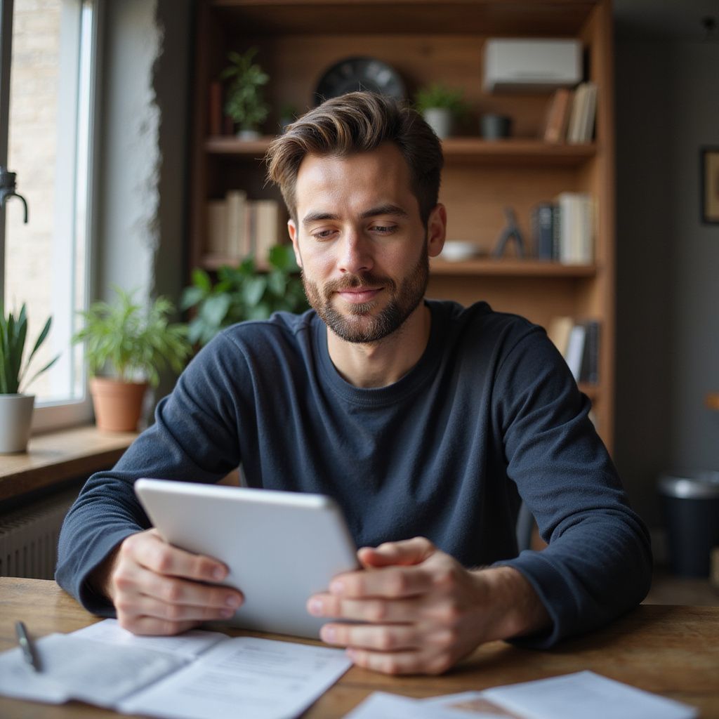 Man in a dark shirt looking at a tablet at a desk, papers in front of him, plants, and bookshelf in the background.