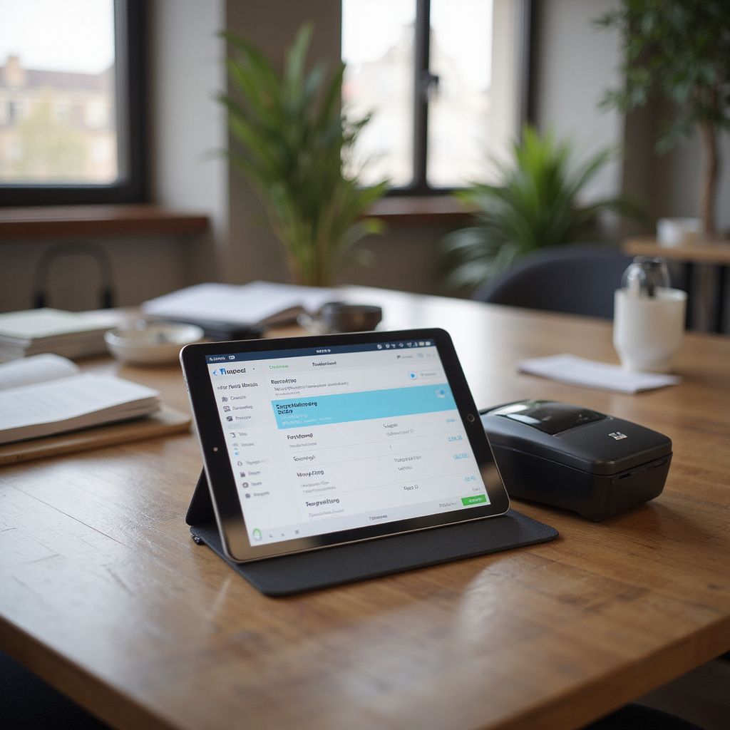 Tablet displaying data with a credit card reader on a wooden table. Office setting.