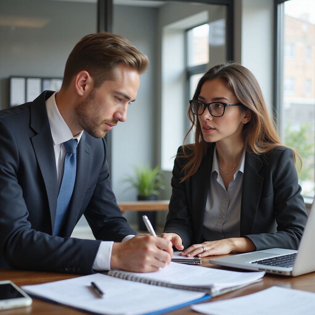 Man in suit writing in notebook, woman in glasses gestures at laptop. Both in office setting.