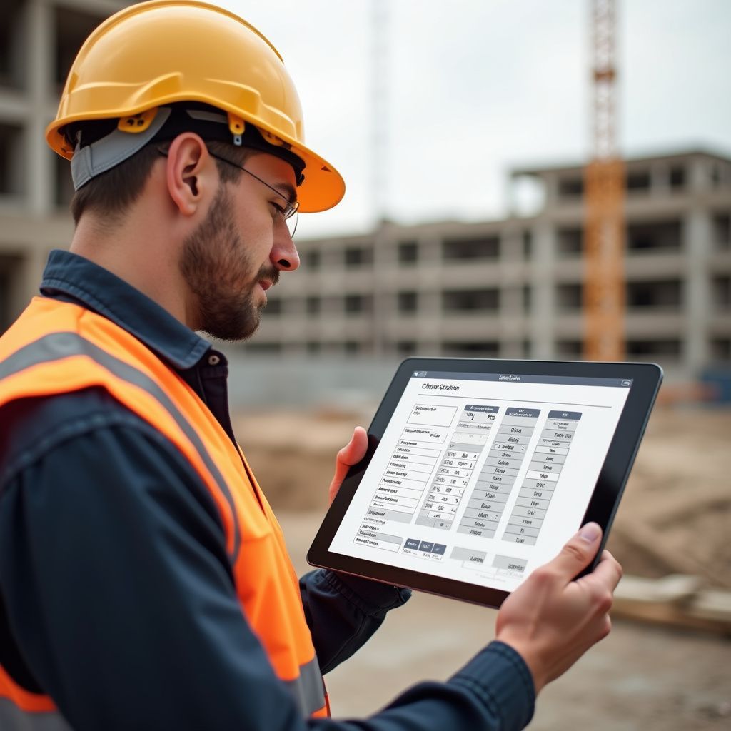 Construction worker in a hard hat and vest reviews data on a tablet at a construction site.