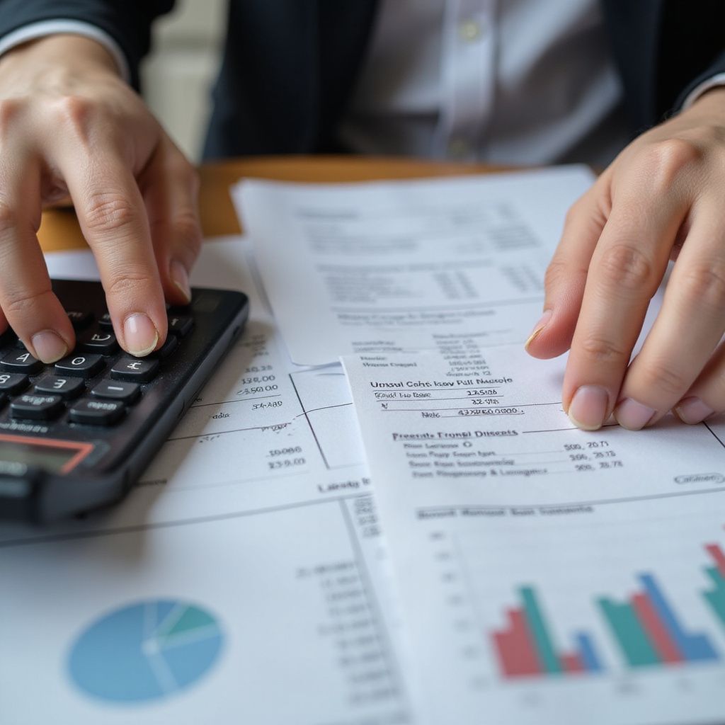 Person using a calculator and reviewing financial documents with graphs.