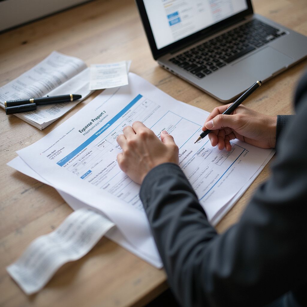 Person writing on a document at a desk with a laptop, pen, and receipt.