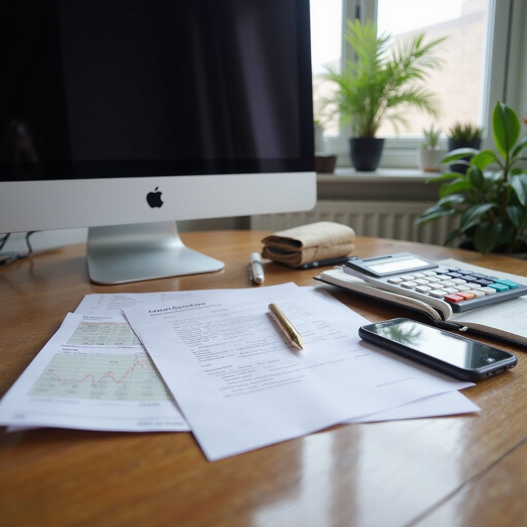 Desk with computer, papers, calculator, phone, and a small plant.
