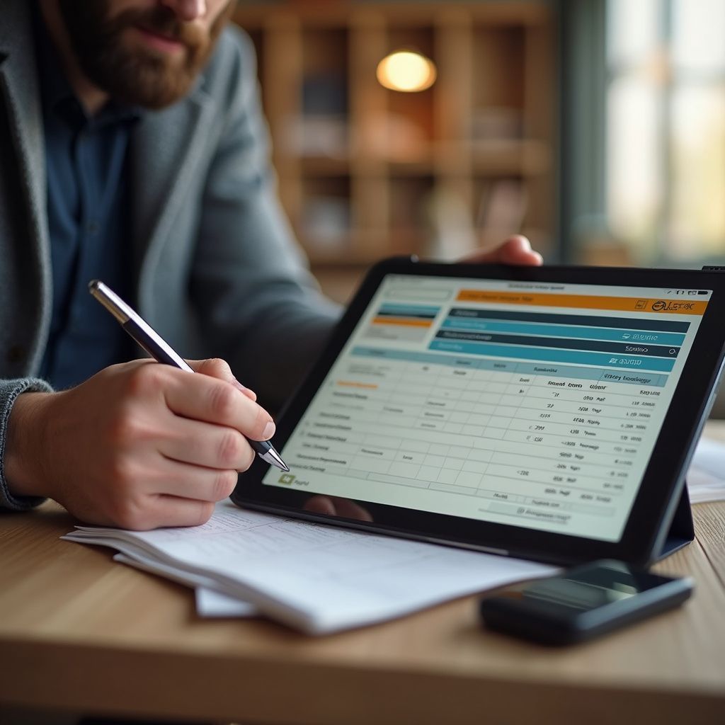 Person in suit, using stylus to write on a tablet displaying financial data; calculator and papers on desk.