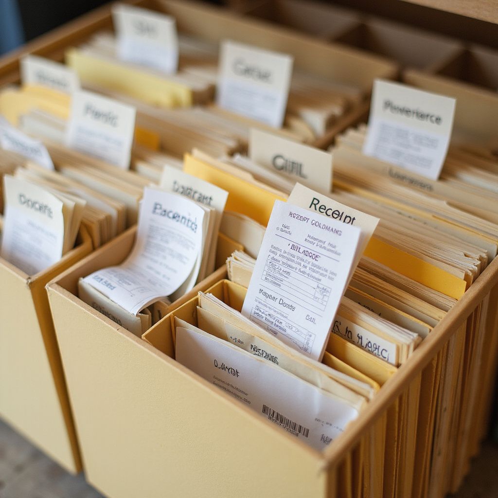 A box filled with file folders labeled with words like