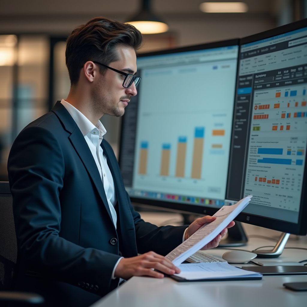 Man in a suit looking at paperwork, two computer monitors with charts in background.