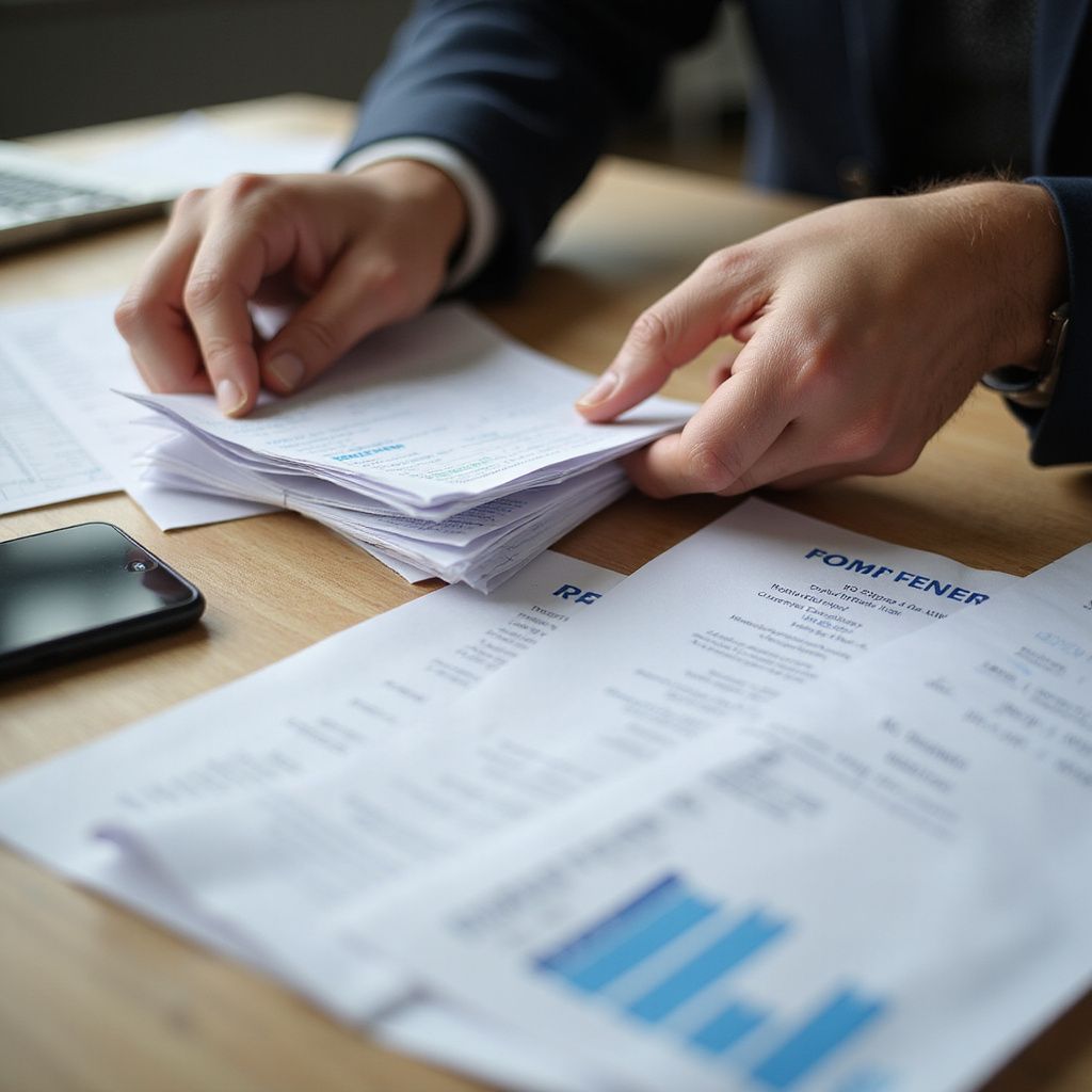 Hands sorting through a stack of papers with charts and graphs on a desk.