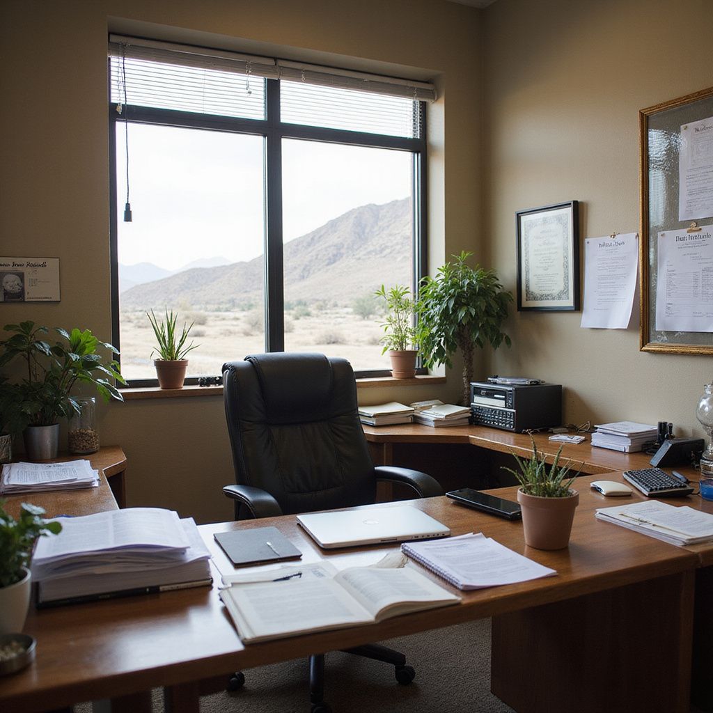 Office with desk, chair, window view of mountains, plants, and documents.