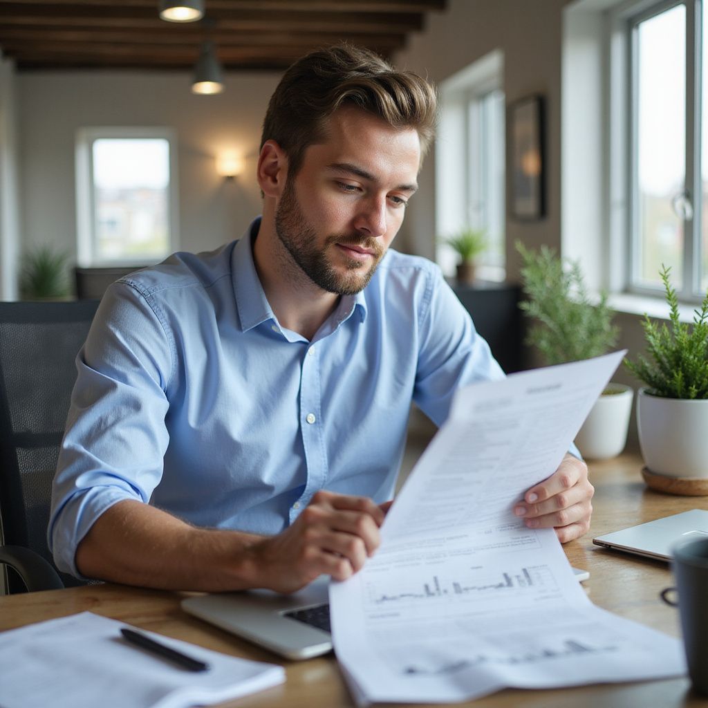 Man reviewing document at a desk with a laptop and plants, wearing a blue shirt, indoors.