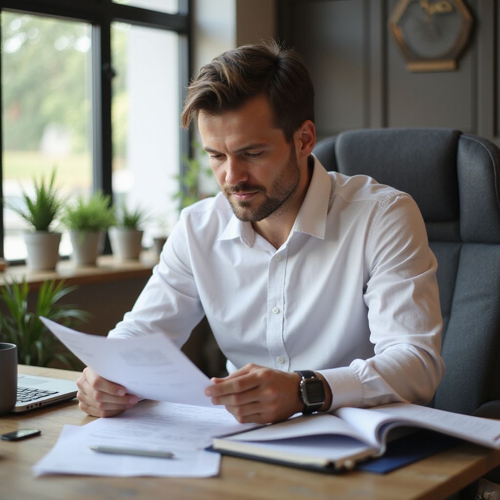 Man in white shirt reads documents at a desk in an office.