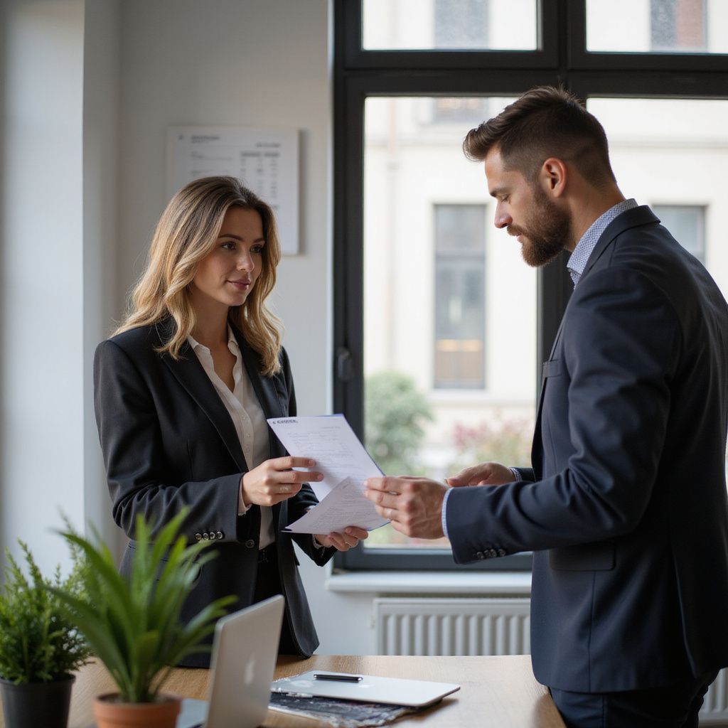 Woman in a black suit handing papers to a man in a suit, both in an office setting.