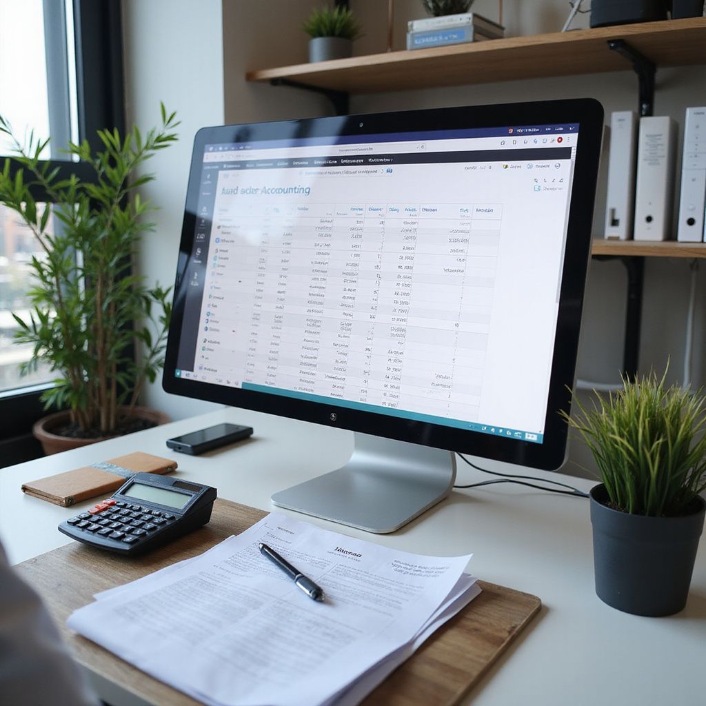 Desktop workspace with computer, spreadsheet, calculator, and paperwork.