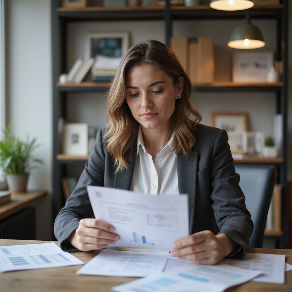 Woman in gray blazer examining documents at a desk in an office.