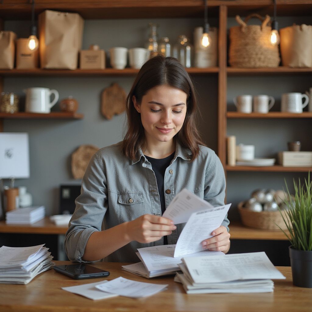 Woman at a wooden table, sorting papers. She's in a cafe with shelves, lit by hanging lights and smiling.