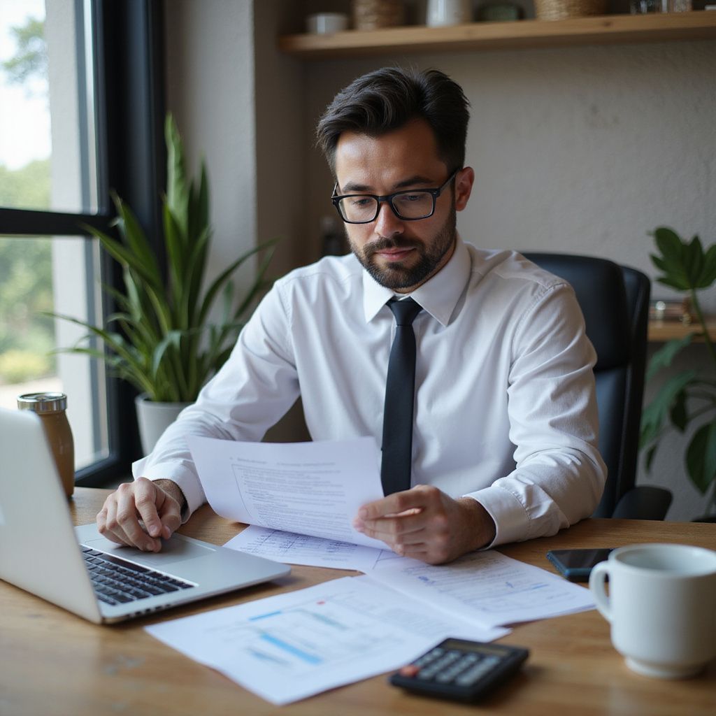 Man in glasses at desk, reviewing documents, using laptop, calculator, coffee mug, and plants nearby.