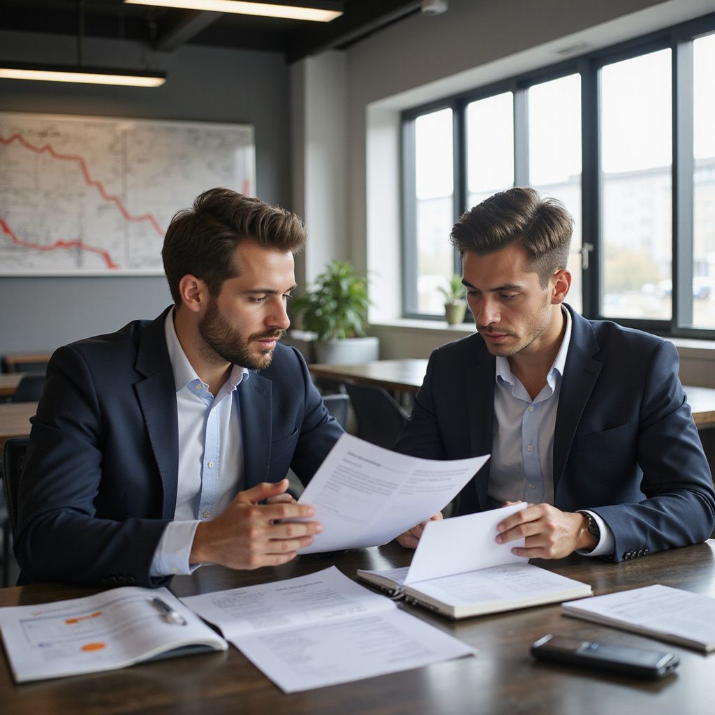 Two men in suits reviewing documents at a table in an office.