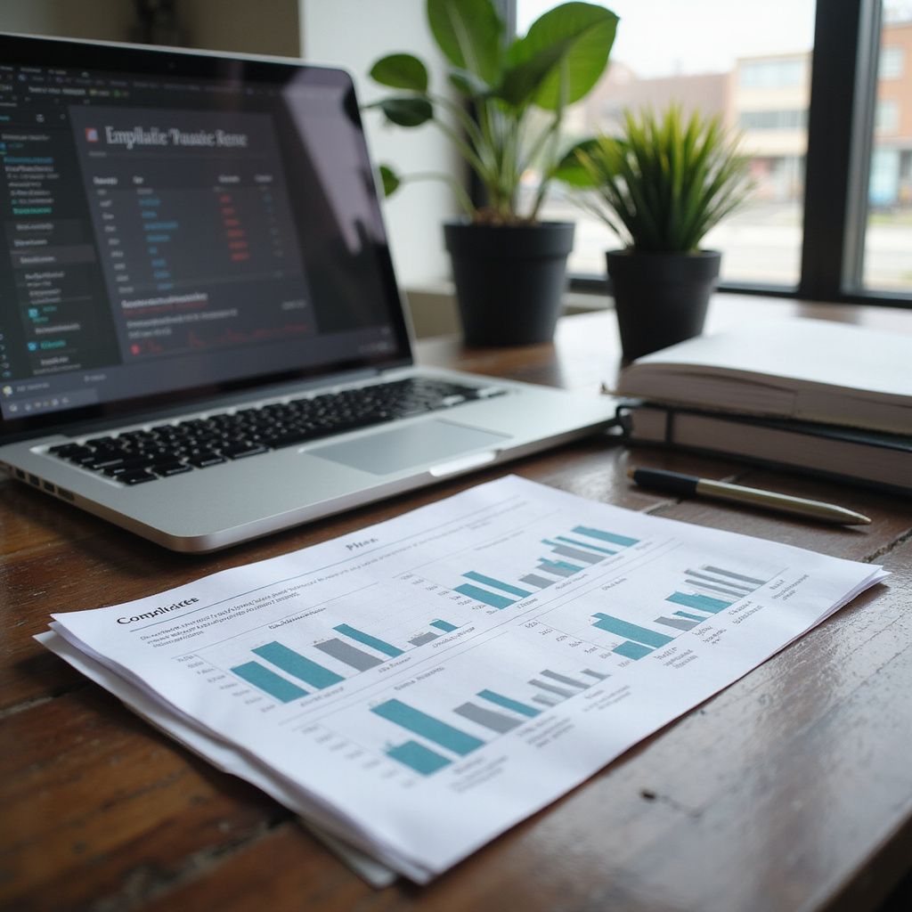Desktop computer displaying stock charts in a dim room with a lamp, keyboard, and mouse on a wooden desk.