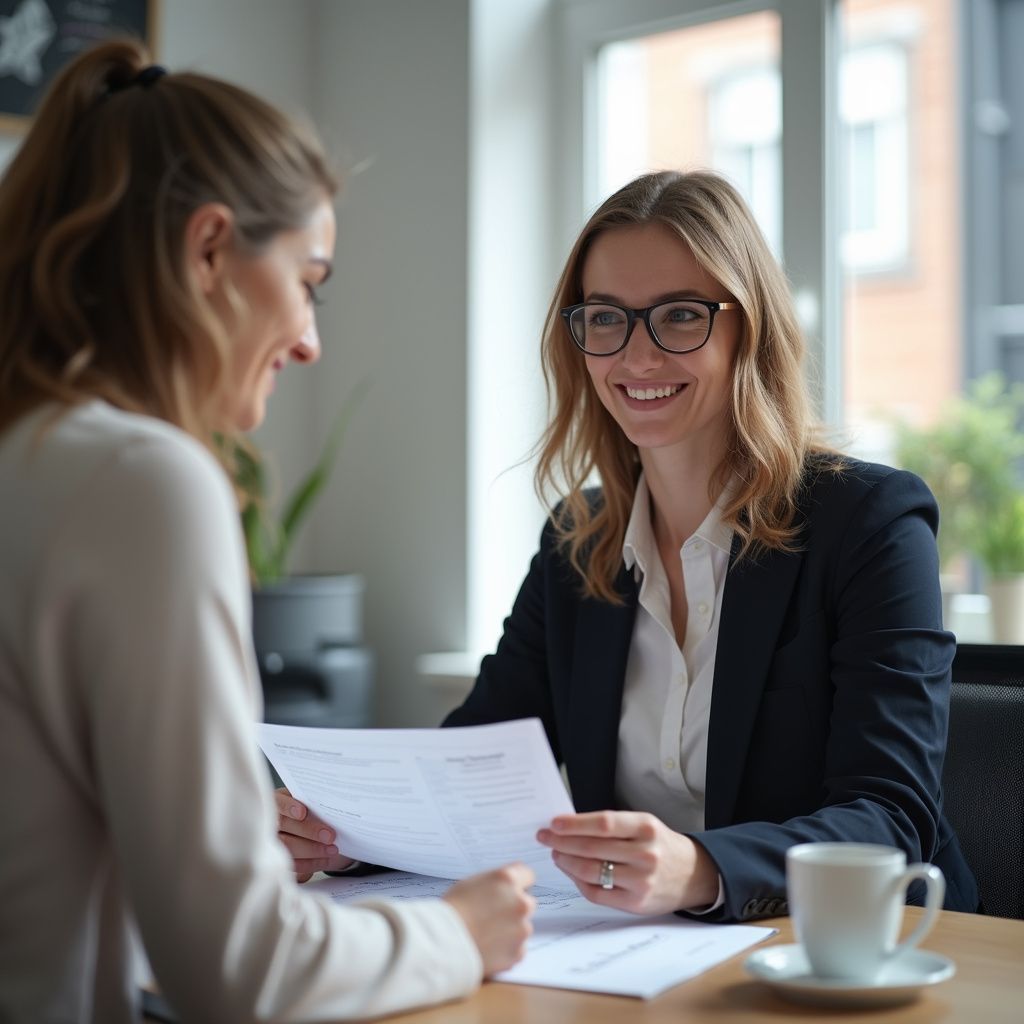 Two women in a bright room, one in a suit smiling, holding papers. Another smiles, looking at the papers.