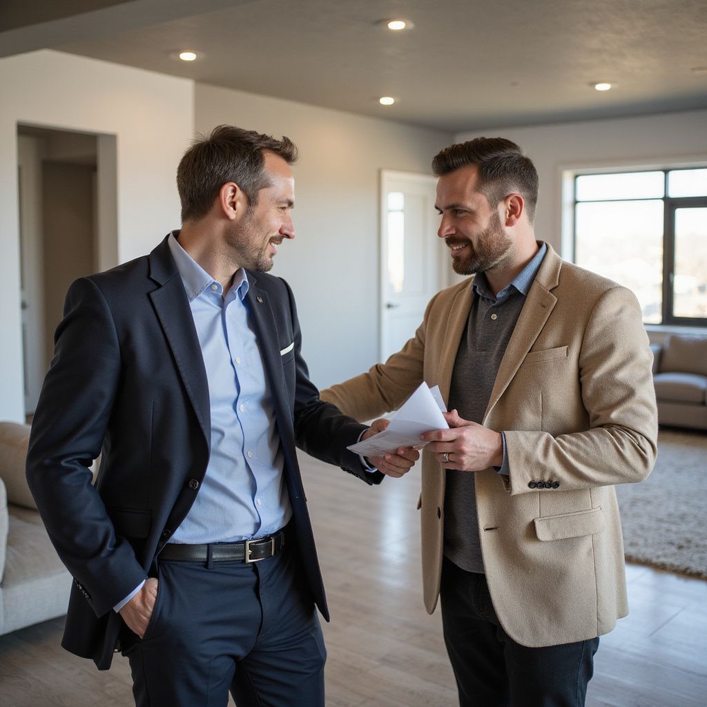 Two men in suits inside a home, one holding papers, smiling, likely discussing a deal.
