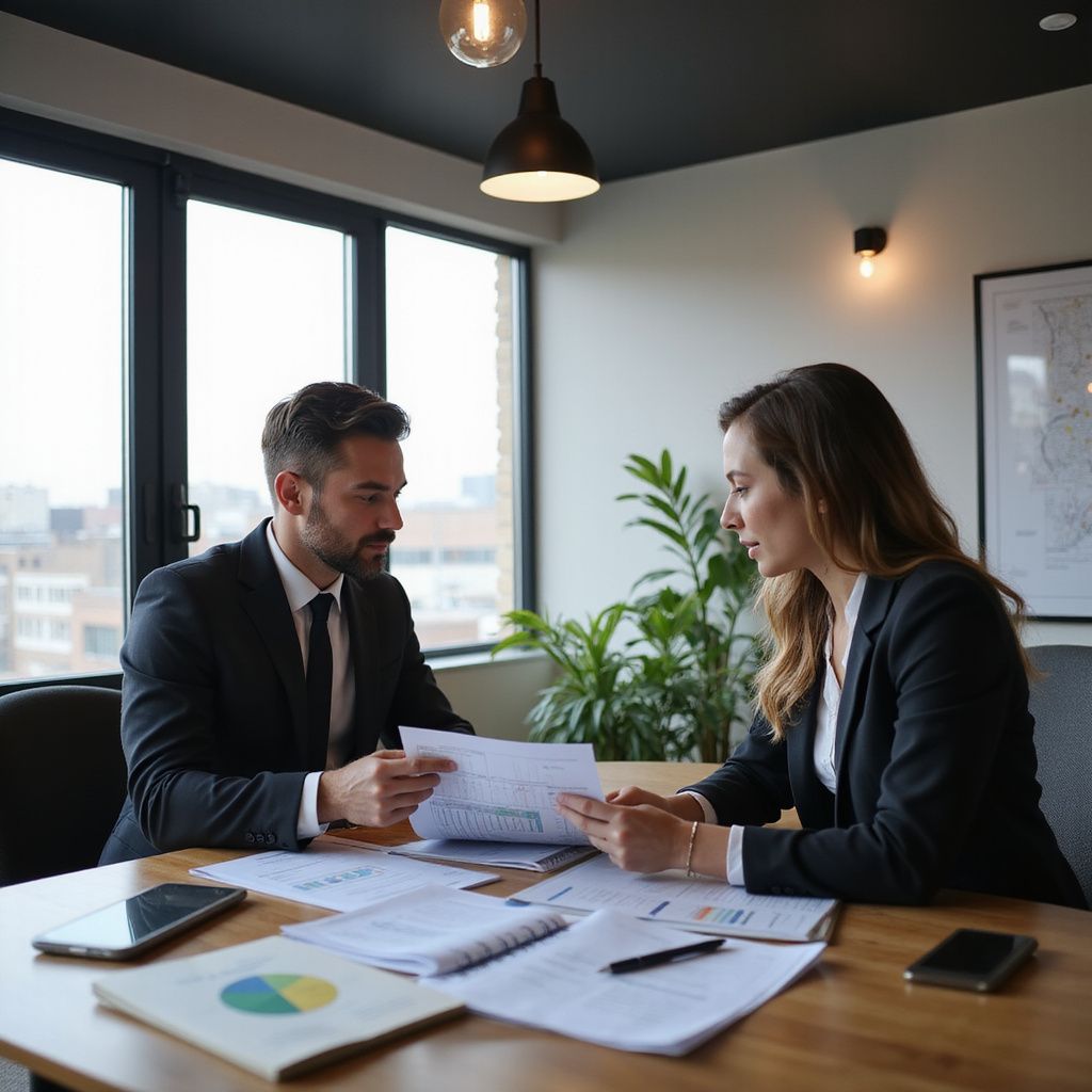 Two people in business attire reviewing documents at a table.