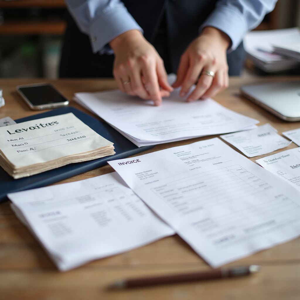 Person arranging documents on a desk with a phone and a notepad.