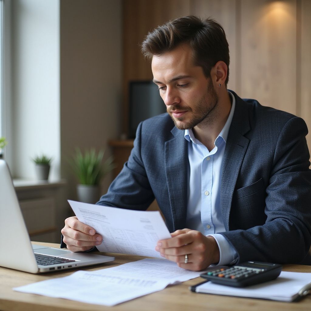 Man in a suit reviewing documents at a desk, with a laptop and calculator.