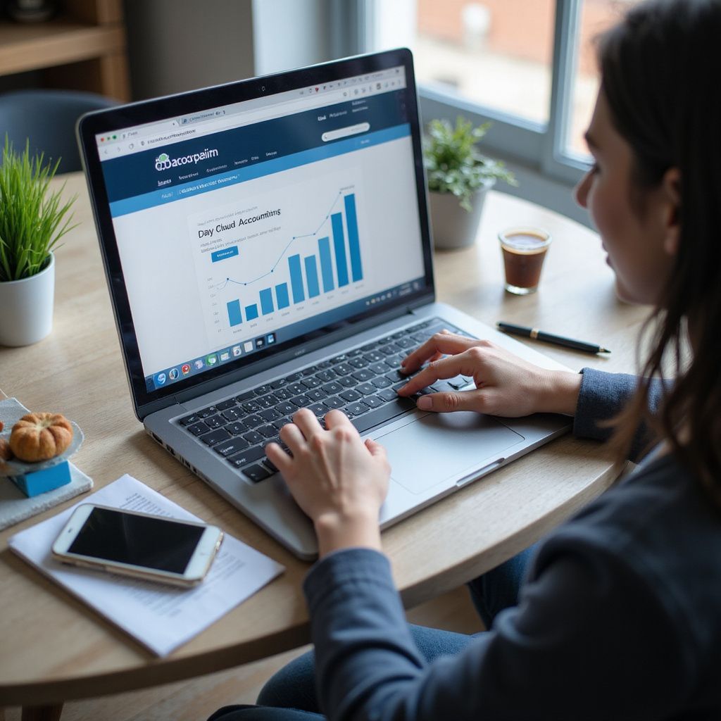 Woman using laptop, viewing a graph with blue bars and a line, at a wooden table.