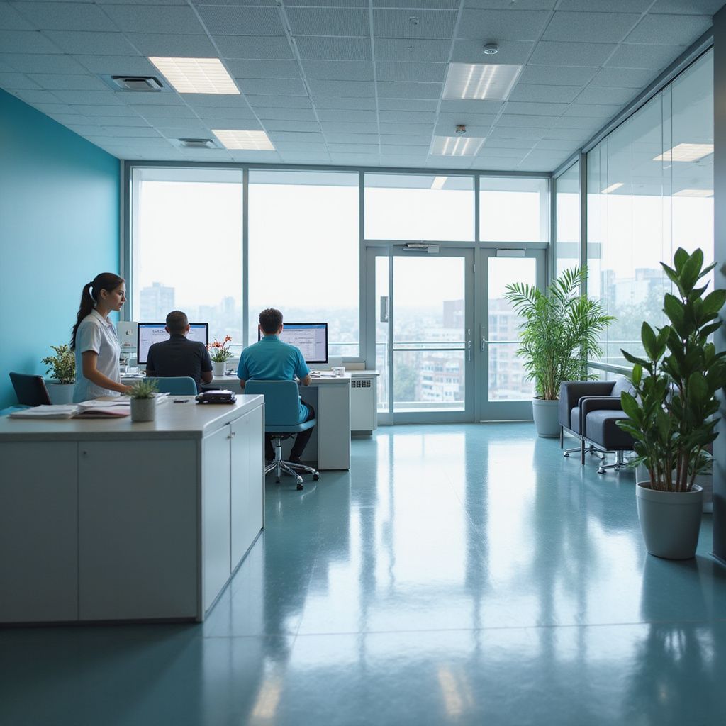 Office with three people at desks, large windows, and plants. Light blue walls and floor.