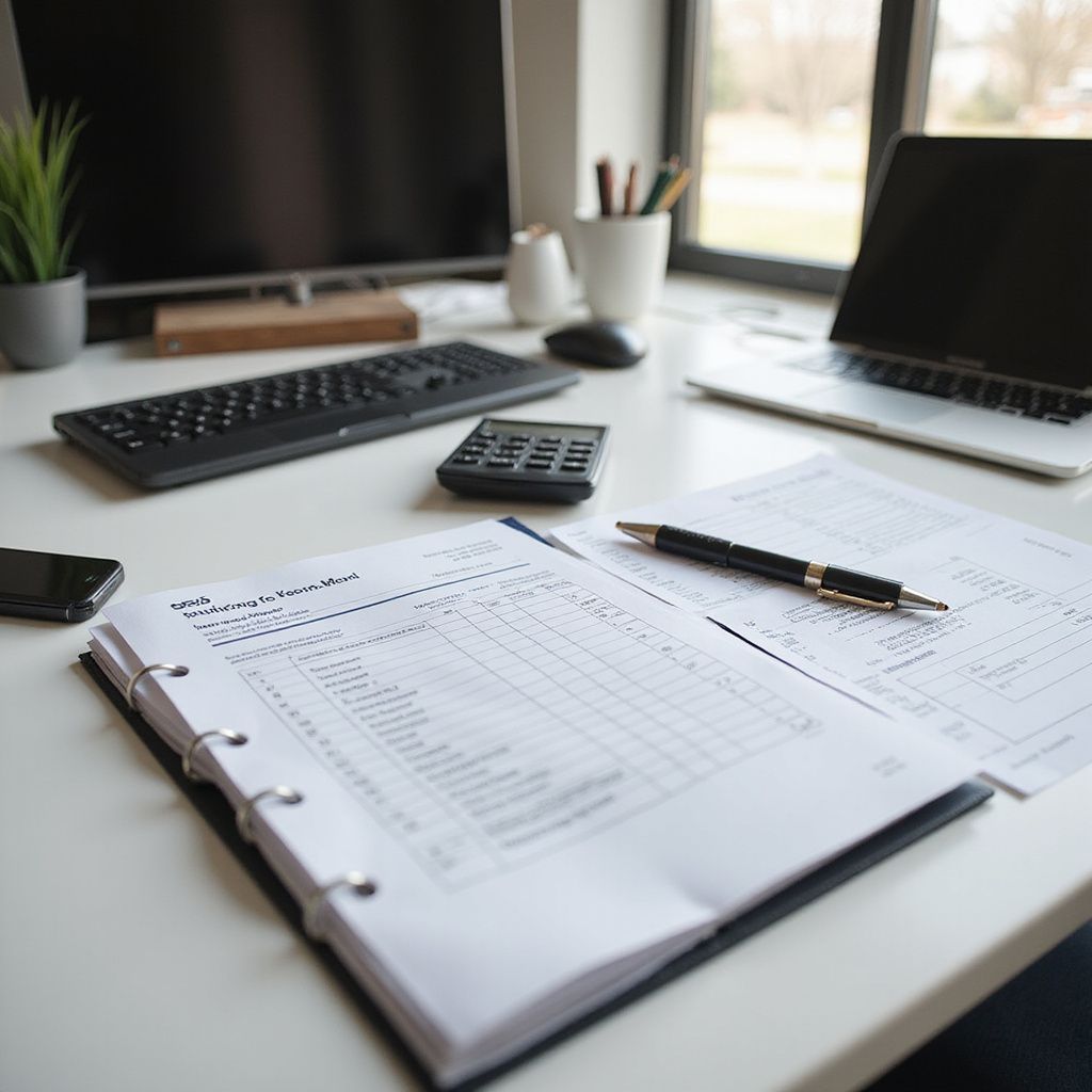 Desk with documents, calculator, keyboard, laptop, phone, pen, and plant.