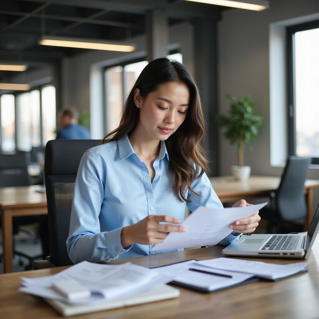 Woman in blue shirt reviewing documents at an office desk with a laptop and papers.